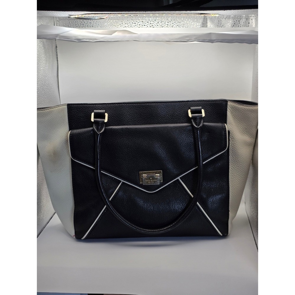 Kate Spade Tote Bag Women Large Black White Leather Envelope Pocket Satchel Flaw